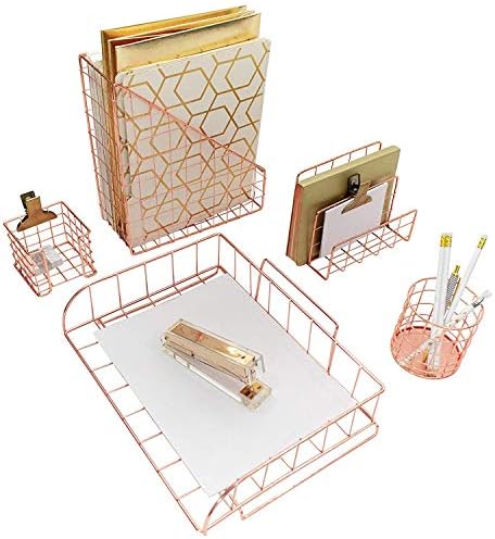 BLU MONACO Rose Gold Desk Organizer - 5 Piece Desk Accessories Set - Letter - Mail Organizer, Paper-Document Tray, Pen Cup, Magazine File Holder - Diagonal Pattern - Office Supplies Stationery Décor