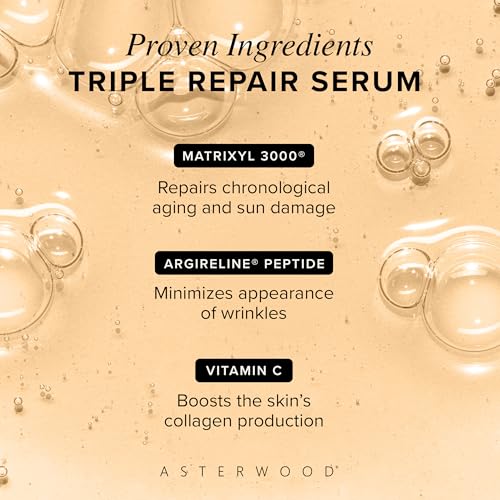 Asterwood Triple Repair Matrixyl 3000 + Argireline + Hyaluronic Acid + Vitamin C Serum for Face - Anti-Aging, Collagen Boosting, Hydrating - Fragrance-Free - 1 Fl Oz