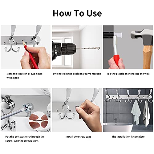 Qihtldsy Coat Rack Wall Mount, Stainless Steel Coat Hooks, 5 Tri Hooks, Heavy Duty Hook Rail For Coat Hat Towel Bag Purse Robes Bedroom Kitchen Bathroom Entryway - Silver, 2 Packs #TOP6