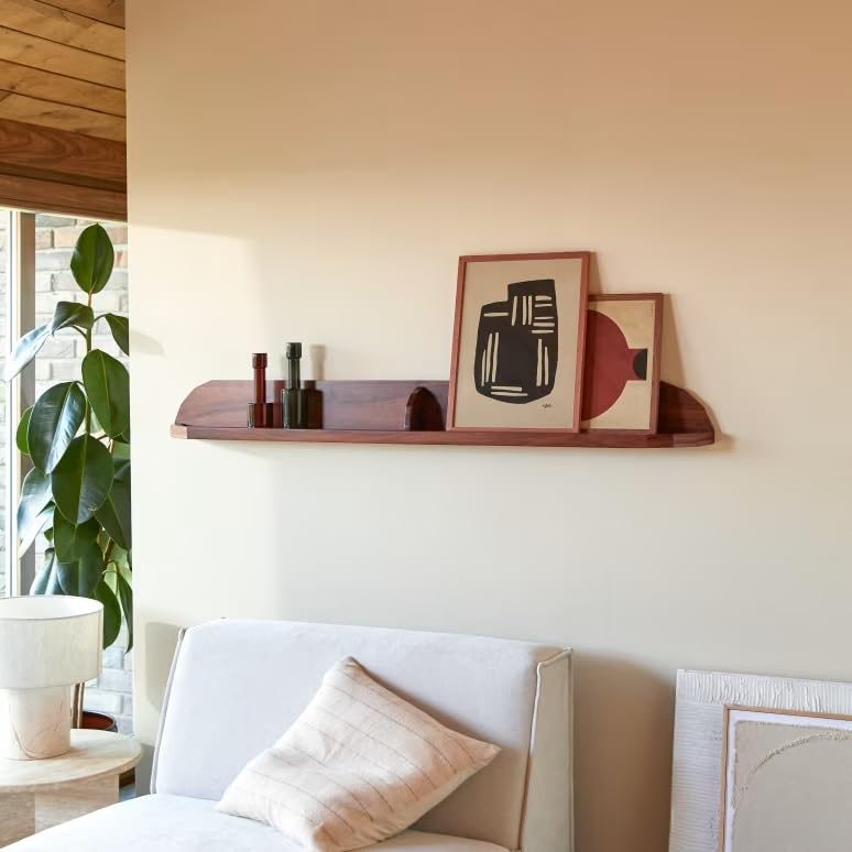 Image of 3 Years Warranty Sheesham Wood Wall Shelf for Bathroom & Living Room | Floating Wall Mounted Shelf with Back Panel & Section Divider Design | Long Display Rack for Toiletries Decor Plants| Rosewood