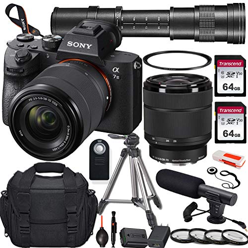 Sony Alpha a7 III Mirrorless Digital Camera with 28-70mm and 420-800mm Telephoto Lens + 2X 64GB Memory Card, UV & Close-up Filters, Microphone, Portable Tripod, Gadget Bag & More