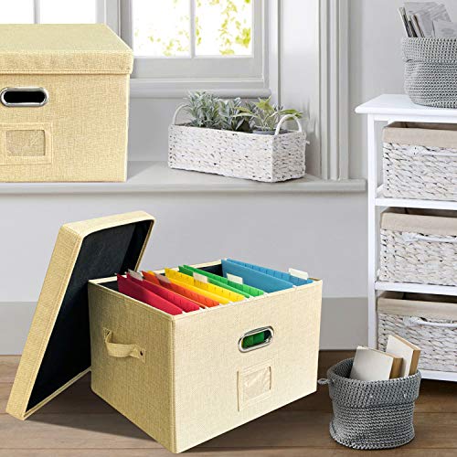JSungo File Organizer Box Office Document Storage with Lid, Collapsible Linen Hanging Filing Organization, Home Portable Storage with Handle, Letter Size Legal Folder, Yellow - Thumbnail 3