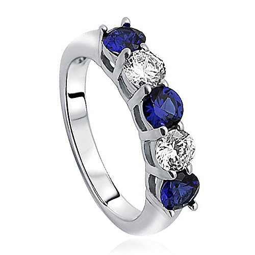 DoubleAccent Sterling Silver Rhodium Plated, Wedding Ring Simulated Blue Sapphire CZ Five Stone Anniversary Ring Band4