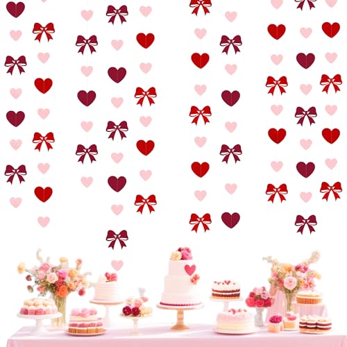Image of Heart Bow Decorations Burgundy Red Pink Heart Bow Hanging Garland Streamer for Anniversary Birthday Valentines Bachelorette Wedding Baby Shower Bridal Shower Engagement Hen Party Decorations Supplies