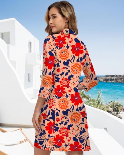 Image of WOWENY 3 /4 Sleeve Dress for Women with Pockets V Neck UPF 50+ Casual Sun Dress Breathable Quick Dry Beach Vacation