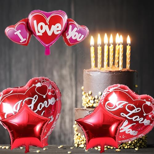Image of KITTER I Love You Balloons for Decoration - Heart Balloons Set with 2 Red Stars, 1 Big Heart Foil Balloon & 2 inchI Love You inch Balloons for Romantic Occasions
