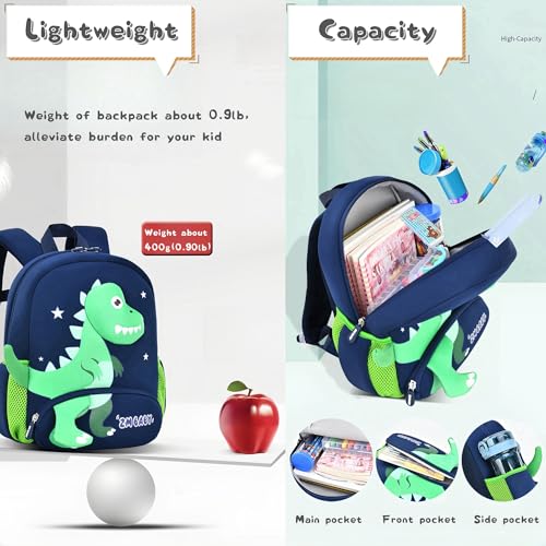 Dinosaur Boys Backpack for Toddler Kids, Anti-lost Bookbag for Toddler Boys Preschool Backpack, Suitable for Boys Ages 3-5, 02-Dark-blue+Green4