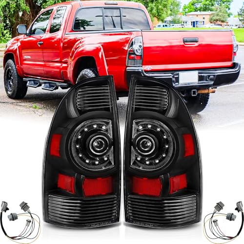 Tail Lights Assembly Pair with Harnesses for 2005-2015 Toyota Tacoma Pickup LED Red Taillights Rear Back Brake Signal Lamps Left Driver and Right Passenger Side Black Housing Clear Lens