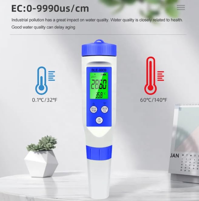 Image showing the EC measurement range (0-9990 us/cm) and temperature measurement range (0.1°C/32°F to 60°C/140°F) for the BLE-9909 meter.