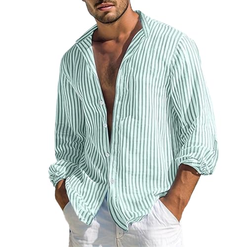 Camisa a rayas para hombre, mezcla de manga larga, cuello inclinado, relajada, casual, fácil de cuidar, lisa, ajuste regular, con botones, ligera, transpirable, para el uso diario, verde, L