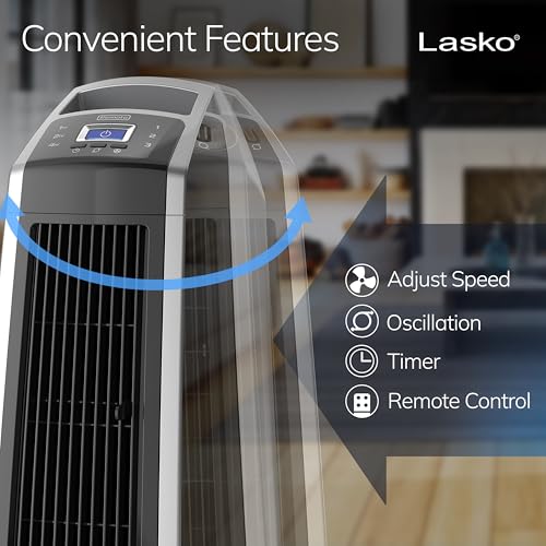 Image of Lasko High Velocity Oscillating Tower Fan with Remote Control - Quiet Standing Fan for Bedroom, Office, and Home - 3 Speeds - Powerful Cooling Air - U35115 - 35 inch Tall - Silver and Black