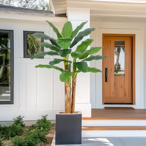 GarveeHome Artificial Banana Tree, 6FT Faux Banana Tree with Grey Planter, Artificial Plants with 21 Faux Banana Leaves Plant for Home Office Decor