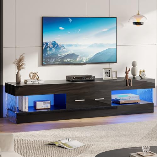 Image of Bestier 67 inch Modern TV Stand for 75 Inch TV, LED Entertainment Center, Black | Fits up to 75 in TV, High Gloss with Stone Pattern Doors, Storage Drawer & Shelves, 7-Color LED Lights for Living Room