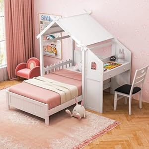 Giantex twin house bed with desk chair wood kids playhouse bed with 2 drawers windmill fence headboard twin house bed for kids teens no box spring needed white  urban country home decor