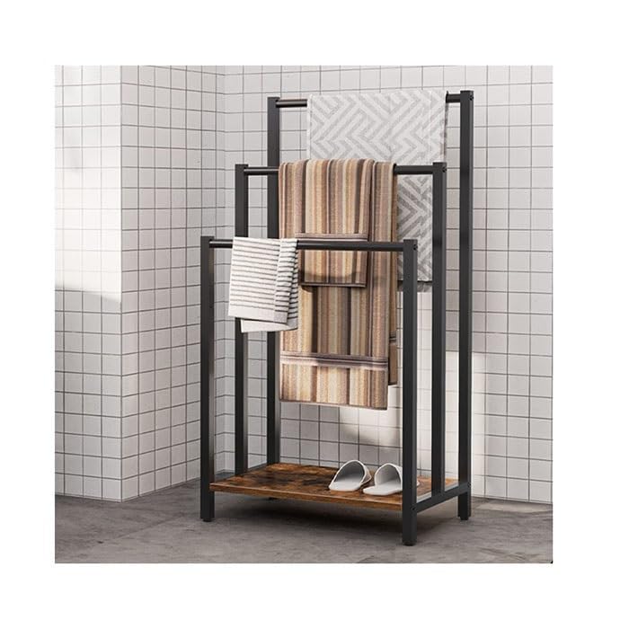 Porte-serviettes 3 niveaux en métal noir mat au design moderne sur pied