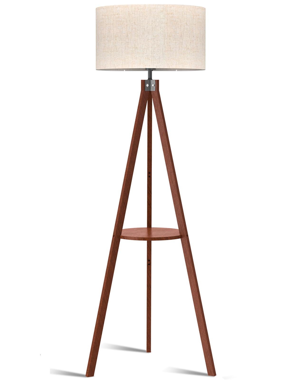 LEPOWER Tripod Floor Lamp, Mid Century Wood Standing Lamp, Modern Design Shelf Floor Lamp for Living Room, Bedroom, Office, Flaxen Linen Shade with E26 Base Brown