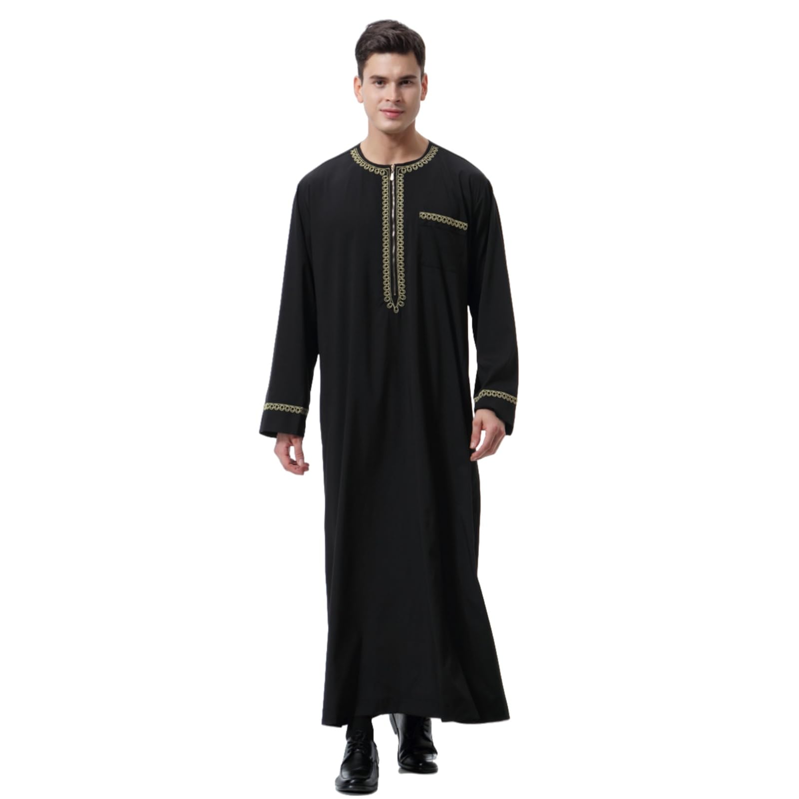 Túnica Árabe Bordada Hombre Jubba Thobe Ropa Musulmana Dubai Kaftan Blanco Negro M-3XL