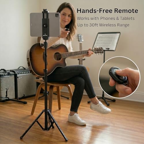 Image of 68 inch iPad Tripod Stand with Tablet Mount, Phone Mount and Bluetooth Remote