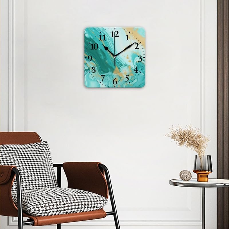 Battery Operated Wall Clocks Abstract Teal and Gold Marble Pattern Silent Non-Ticking Decor Clock with Photo for Bathroom,Office(12inch)