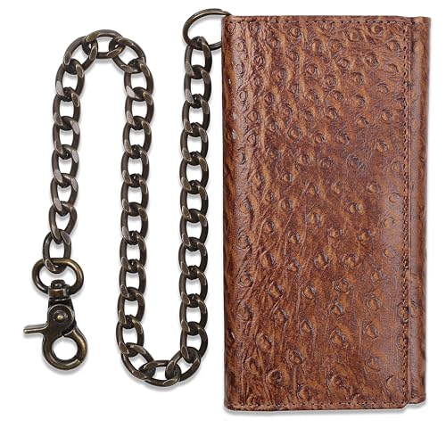 Image of F&L CLASSIC RFID Blocking Mens Tri-fold Long Style buffalo crazy horse Leather Steel Chain Wallet,ostrich print brown,212-51