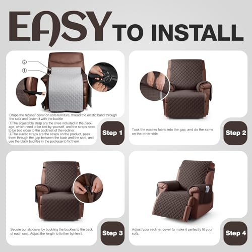 Image of KinCam 100% Waterproof Recliner Chair Cover, Reclining Couch Covers for Pets, Dogs, Recliner Couch Slipcover Furniture Protector with Elastic Straps for Kids(30 inch, Chocolate)