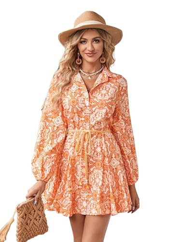Image of Shasmi Girl's & Women's Printed Belted Shirt Dress - Long Sleeve Vacation Outfit | Boho Beach Style | Stylish Casual & Party & Office Wear Outfit (Dress 230)