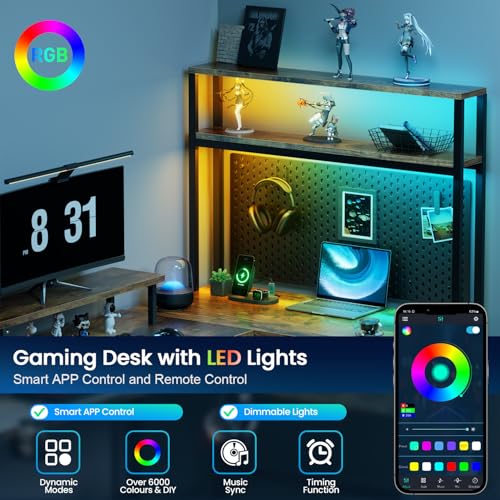 Image of HLDIRECT L Shaped Desk with LED Light & Power Outlet, 59 Inch Reversible Corner Gaming Desk with Storage Shelves & Drawer, Computer Table with Monitor Stand, Home Office, Work, Study, Rustic Brown