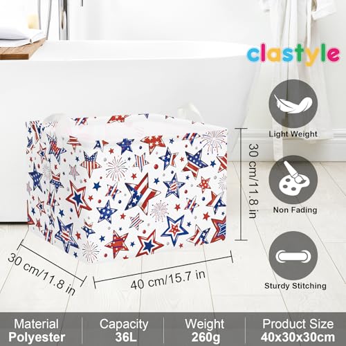 Image of Clastyle Independence Day Patriotic Baby Gift Basket American Flag Firework Kid Book Toy Nursery Bin Collapsible Beach Towel Basket Clothes Organizer, Star, 40 * 30 * 30 cm