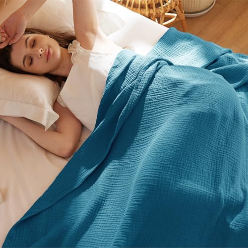 Bedsure 100% Cotton Muslin Blanket King Size for Bed - 4-Layer Breathable and Lightweight Thin Soft Summer Gauze Muslin Blanket for Adults, Teal, 108x90 Inches