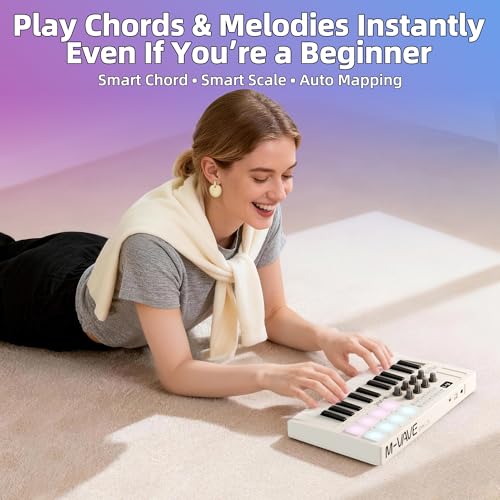 Image of 25-Key Wireless Bluetooth MIDI Keyboard Controller with 8 Assignable Knobs, USB-C Rechargeable, Arpeggiator & Chord Modes for Mac /PC /iOS /Android - White