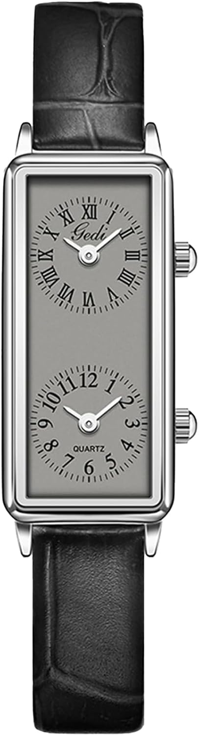 Gosasa Women’s Vintage Rectangle Watch Dual Time Zone Waterproof Ladies Quartz Analog Watch for Small Wrist with Two Dials, Roman & Arabic Numerals, Leather Strap for Travel & Business