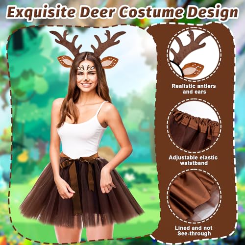 Vibbang Rentier Kostüm, Reh Kostüm Damen, Hirsch Blumenstirnband und Tüllrock Braun, Karneval Cosplay Kostü-m mit Gesichtsaufkleber, Elch Cosplay für Party, Karneval, Mottoparty