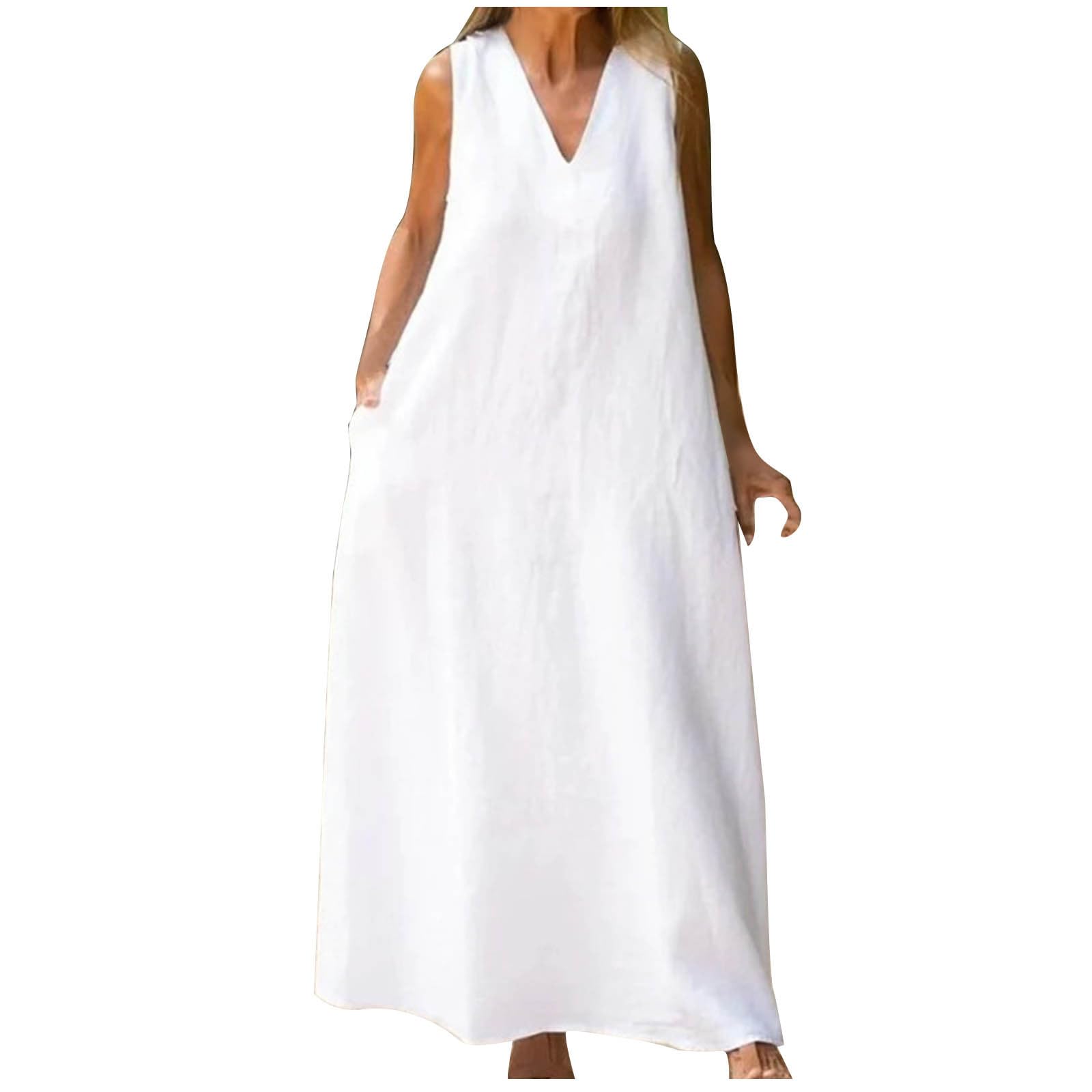 NaRHbrg Women's Sleeveless Maxi Dress V-Neck Loose Fit Summer Beach Long Dresses Sundress with Pockets