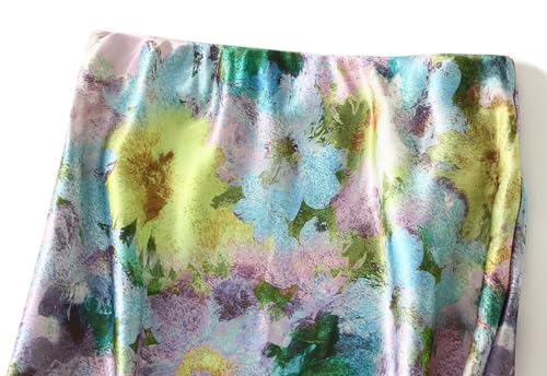 Women's Satin Oil-Print Mermaid Skirt Artistic Floral Print Bodycon Hem Flare Maxi Skirts Summer2