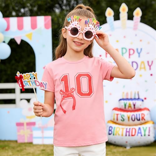 Image of Girl Birthday Shirt 10th Birthday T-Shirt Bow 10 Year Old Bday Short Sleeve Tee Top Tenth Party Outfit