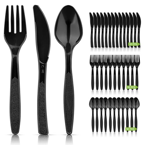 Plastikbesteck, 200 Stück Plastikbesteck Set, Wiederverwendbar Party Besteck Enthalten Plastikgabeln Kunststofflöffel Plastik Messer Party Besteck Plastik für Partys Outdoor Abendessen (Schwarz)