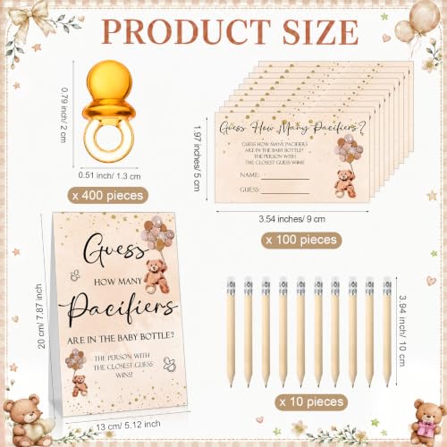 Image of Roowest 512 Pcs Baby Shower Games Guess How Many Pacifiers Sign 100 Small Guessing Games 10 HB Pencils 750ml Milk Bottle 400 Acrylic Pacifiers Decoration for Guest Gender Reveal (Brown,Little Bear)