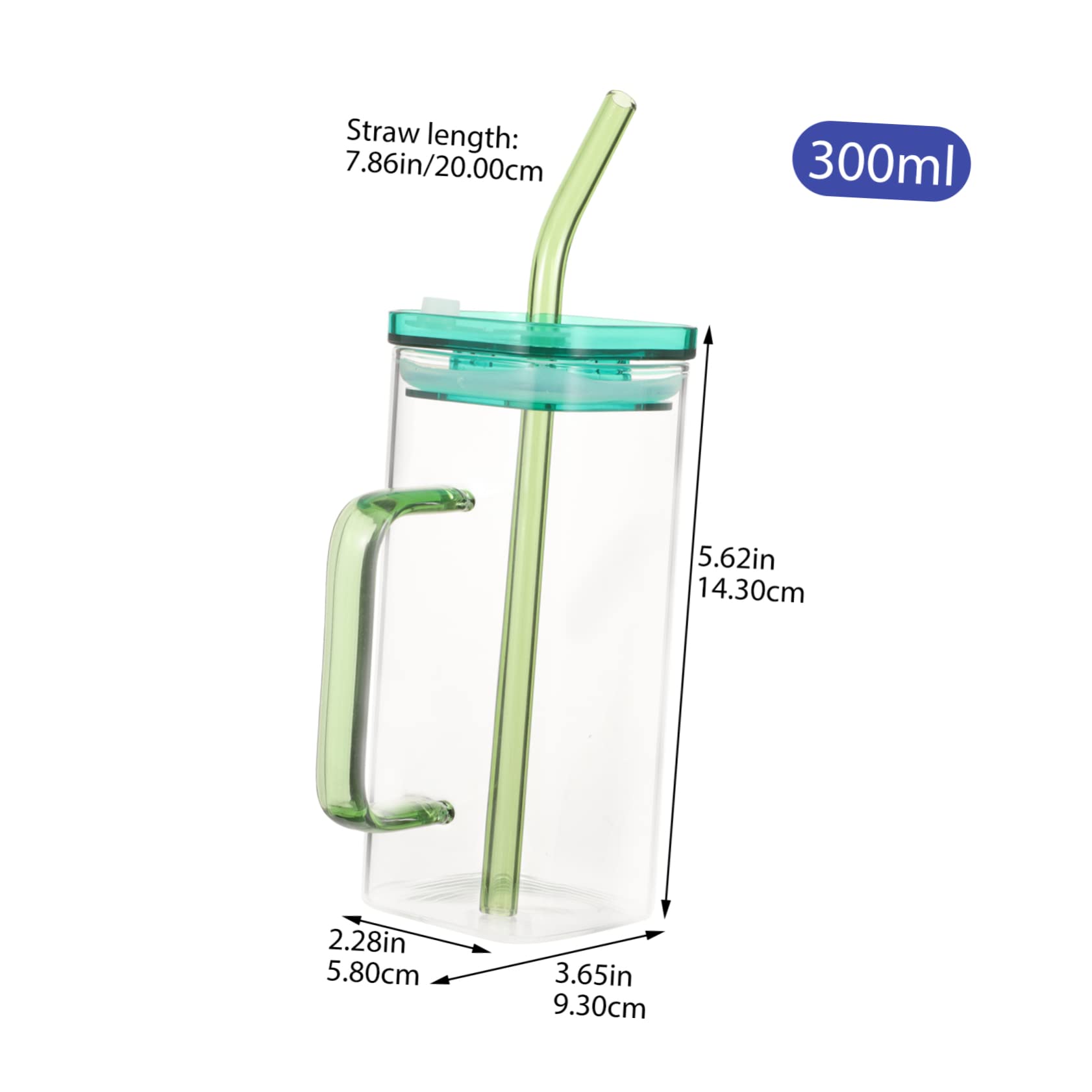 PHENOFICE 1 Set Glass with Lid Clear Coffee Mug Spill Proof Cup Ice Coffee Cup Milk Carafe Coffee Mugs with Lid Square Bottle Flat Drinking Glasses with Handle Clear Straw Green