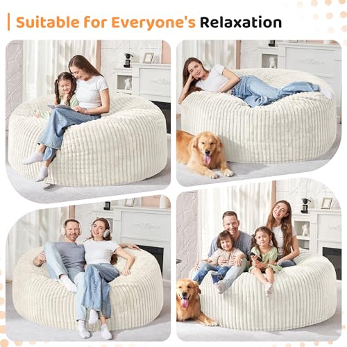 Image of HABUTWAY 6FT Bean Bag Chair, 6' Large Bean Bag Chairs for Adults with Removable Stripe Plush Cover, Memory Foam Beanbag Chair for Living Room Bedroom Dorm,White