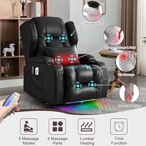 TUNYI Power Recliner Chair - Faux Leather Home Theater Seating Glider Reclining Sofa with Massage & Heat Swivel Rocker Recliner Chair for Living Room with LED Light/USB Port/Lumbar Pillow (Black) TUNYI Power Recliner Chair Faux Leather Home Theater Seating Glider Reclining Sofa with Massage Heat Swivel Rocker Recliner Chair for Living Room with LED LightUSB PortLumbar Pillow Black
