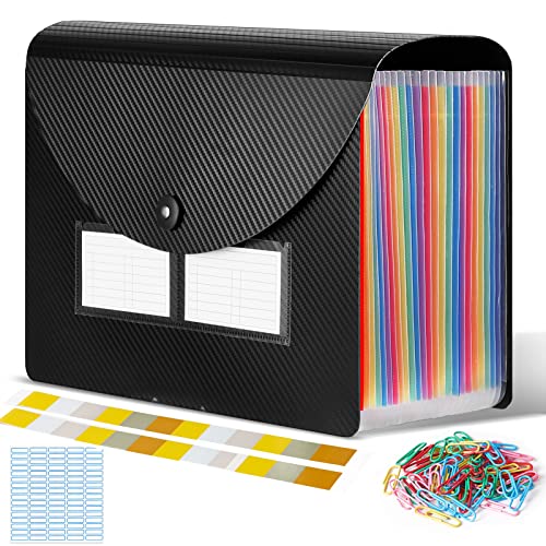 Carpeta Clasificadora, A4 Expandible Carpetas de Acordeón con Tapa, Portátil 24 Bolsillos Colores Organizador Documentos Archivadores para Oficina Escuela (B_Negro)