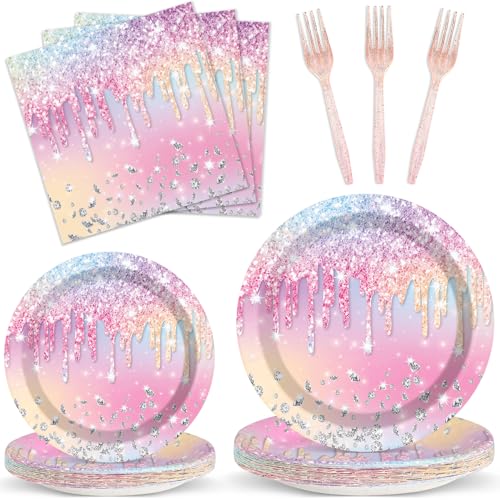 Image of 100PCS Iridescent Diamond Birthday Party Plates Napkins Forks Supplies Set Holographic Tableware Party Supplies Gem Stone Dinnerware Decorations Favors for Girls Kids Birthday Serves 25