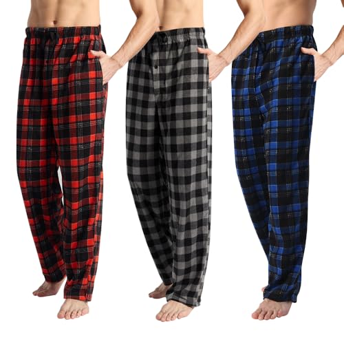 OAKVON 3 Pack Men's Fleece Pajama Pants Bottoms– Lounge Sleepwear Plaid PJs with Pockets and Button Fly