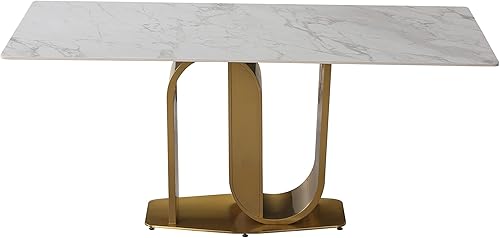 Miniatura 8 de HomSof Mesa de comedor contemporánea de 71 pulgadas piedra sinterizada en forma de U acabado base de pedestal con 6 sillas 7 piezas beige blanco y