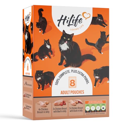 HiLife Adult Wet Cat Food Mixed Chicken Recipes in Jelly Complete Cat Food Pouches 100% Natural & Grain Free Chicken Breast / with Duck / with Beef (8 x 70g Pouches)