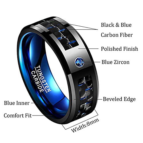 Phyonio Tungsten Carbide Rings With Cz Inlay Carbon Fiber Wedding Band Mens Rings Engagement Promise Rings Polished Finish Blue/Red/Green Comfort Fit Size 6-15 #TOP4