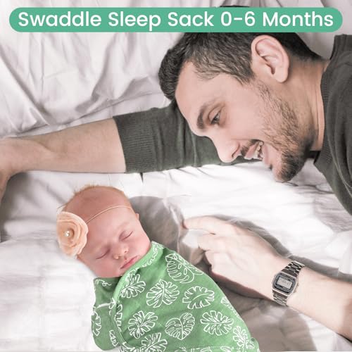 Image of david's kids 100% Cotton 3 Pack Baby Swaddle Wrap for 0-3 Months, Soft Breathable Swaddle Blanket for Newborn Infant, Adjustable Baby Wrap for Boys Girls, Newborn Essentials, Leaf
