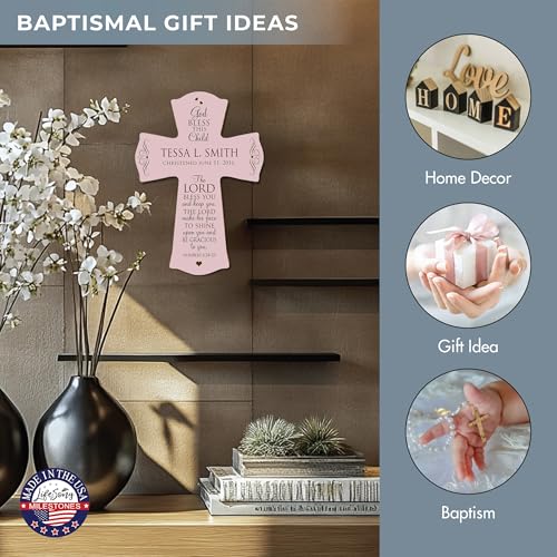 Image of LifeSong Milestones Personalized Baptism 1st Holy Communion Christening Wall Cross Decoration God Bless This Child the Lord Bless You and Keeps You (8.5 inch x 11 inch, Pink)