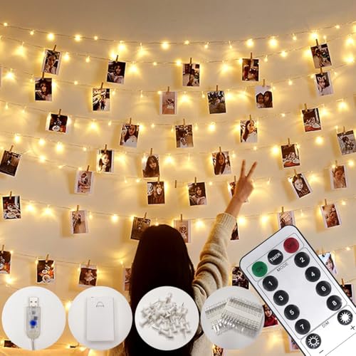 Foto clip Lichterketten, Mikrokleidung 100 LED 10M Kupferdraht-Lichterketten, Fernbedienung, Dekoration für Innen, Schlafzimmer, Hochzeit, Party, Weihnachten (50 Clip & 25 Nägel, warmes Licht)