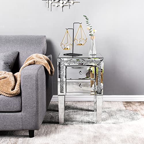 Image of VINGLI Mirror Nightstand with Drawer, Silver Mirrored Glass End Table, Crushed Diamond Glitter for Small Spaces /Bedroom /Living Room
